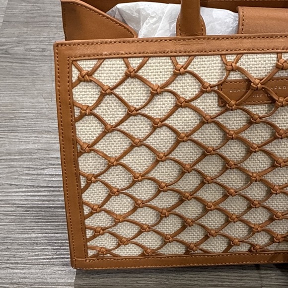 Brandon Blackwood Brand New Marcy Ave Tote Bag Camel Leather Net , Beige Linen - Picture 3 of 11